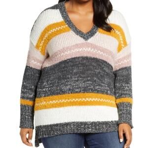NEW! Caslon SOFT Blush Pink & Mustard Yellow Striped Knit Pullover Sweater XL